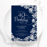 Elegante 40e verjaardag Navy Zilveren Rozen Kaart<br><div class="desc">Navy zilveren bloemen 40e verjaardag uitnodiging. Elegant ontwerp met rozen,  faux silver-folie en lettertype voor typografie. Trendy uitnodigingskaart ideaal voor een stijlvol vrouw bday-feest. Kan worden aangepast aan elke leeftijd. Personaliseer met uw eigen gegevens. Gedrukte Zazzle-uitnodigingen of direct downloadbare digitale afdrukbare sjabloon.</div>