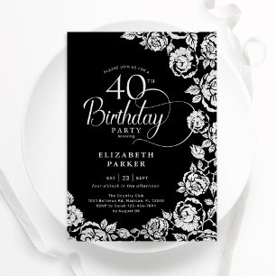 Elegante 40e verjaardag Zwart Zilveren Rozen Kaart