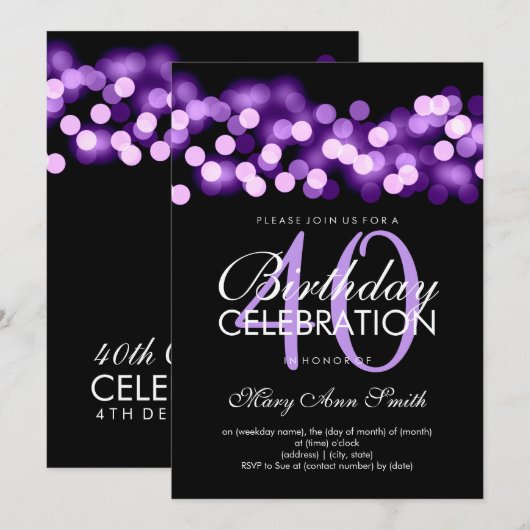 Elegante 40e verjaardagsfeest Paarse Hollywood Gla Kaart (Voorkant / Achterkant)