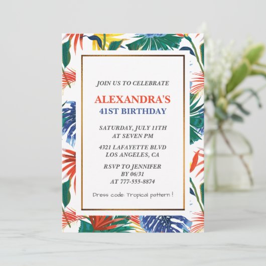 Elegante 41e verjaardag uitnodigingen Tropical Flo (Staand voorkant)