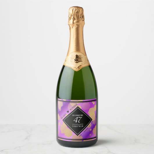 Elegante 47e Amethist Bruiloft Jubileum Sparkling Wijnetiket (Voorkant)
