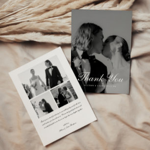 Elegante 4-foto zwart-wit script bruiloft bedankkaart