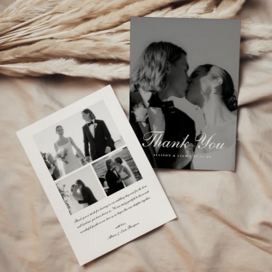 Elegante 4-foto zwart-wit script bruiloft bedankkaart