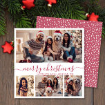 Elegante 4 Fotocollage Rood Script Sneeuwachtige K Feestdagenkaart<br><div class="desc">Minimalistisch Modern Elegant Kalligrafie Wit en Rood 4 Fotocollage Vrolijk Kerstmis Kalligrafie Script Vakantie Kaart. Deze feestelijke, minimalistische, grillige vier (4) foto vakantie kaart sjabloon beschikt over een fotocollage en zegt "Vrolijk kerstfeest"! De begroetingstekst "Vrolijk kerstfeest" is geschreven in een prachtige hand met opschrift swirly swash-tail lettertype in rood en...</div>