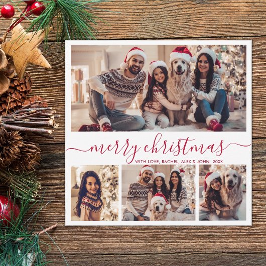 Elegante 4 Fotocollage Rood Script Sneeuwachtige K Feestdagenkaart