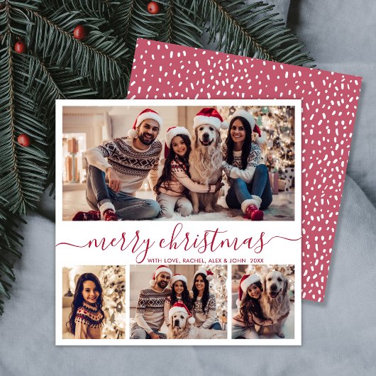 Elegante 4 Fotocollage Rood Script Sneeuwachtige K Feestdagenkaart