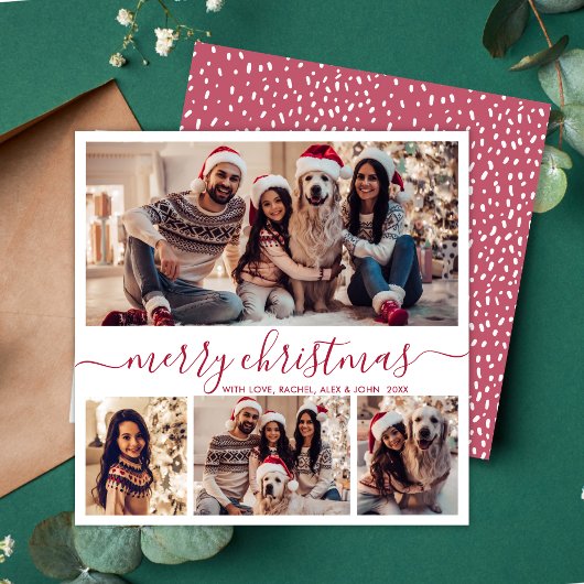 Elegante 4 Fotocollage Rood Script Sneeuwachtige K Feestdagenkaart