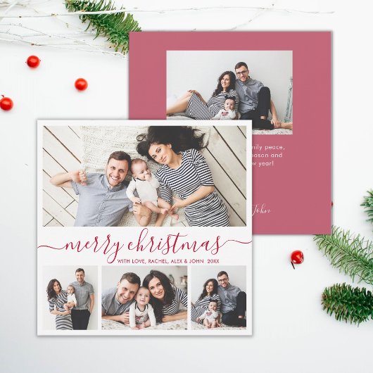 Elegante 4 Fotocollage Rood Wit Kerstmis Feestdagenkaart