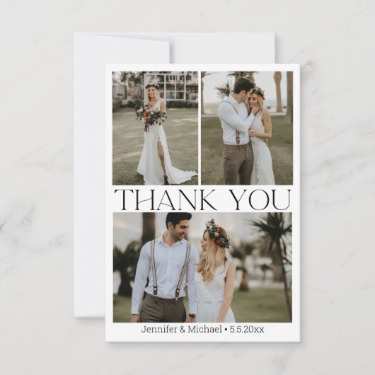 Elegante 4 foto's collage modern script bruiloft bedankkaart (Voorkant)