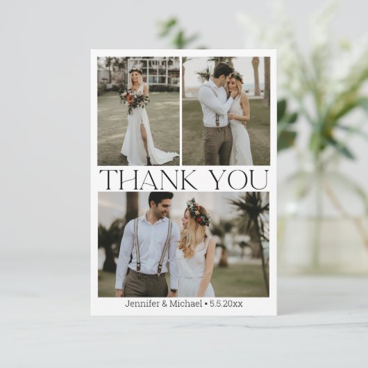 Elegante 4 foto's collage modern script bruiloft bedankkaart (Staand voorkant)