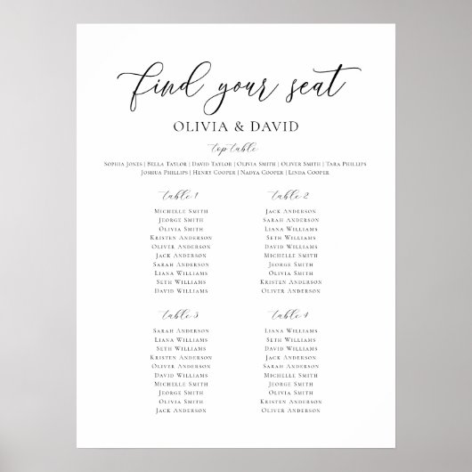Elegante 4 Tafels Vind Je Plaats Zitplaatsindeling Poster (Voorkant)
