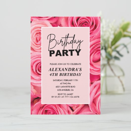 Elegante 4e verjaardag Floral Pink Roses Party Kaart (Staand voorkant)