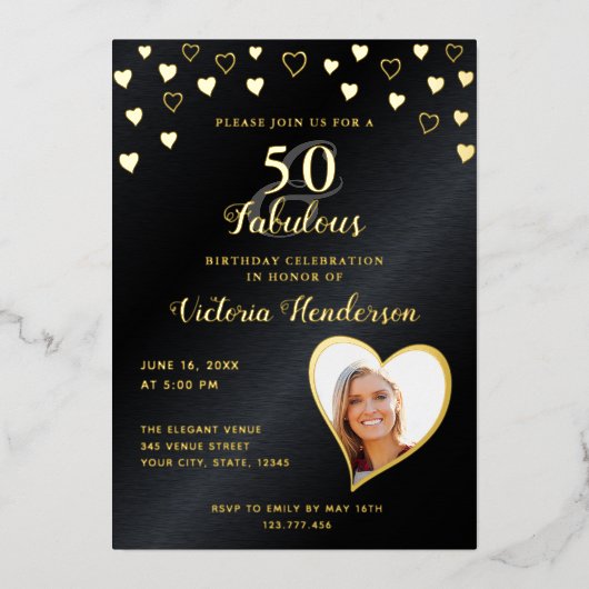 Elegante 50 en Fabulous Zwart en Gouden Verjaardag Folie Uitnodiging (Voorkant)