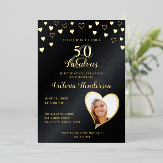 Elegante 50 en Fabulous Zwart en Gouden Verjaardag Folie Uitnodiging (Staand Voorkant)
