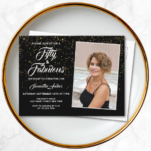 Elegante 50 en Fabulous Zwarte Gouden Glitter Foto Uitnodiging Briefkaart