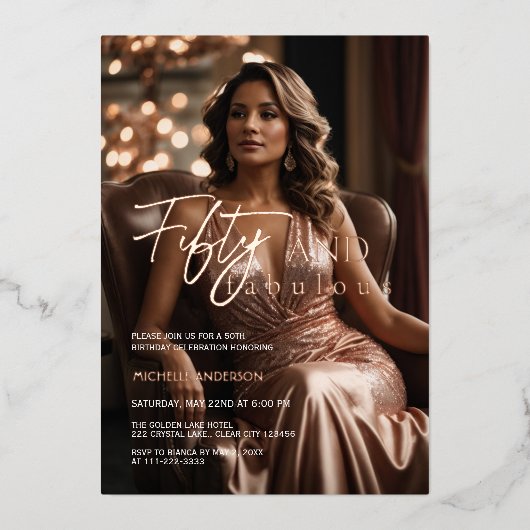 Elegante 50 & Fabulous Foto Roze Goud Folie Uitnodiging (Voorkant)