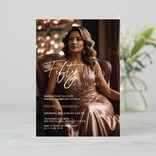 Elegante 50 & Fabulous Foto Roze Goud Folie Uitnodiging (Staand Voorkant)