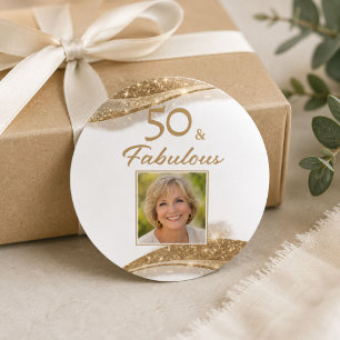 Elegante 50 & Fabulous Gouden Foto Verjaardag Ronde Sticker