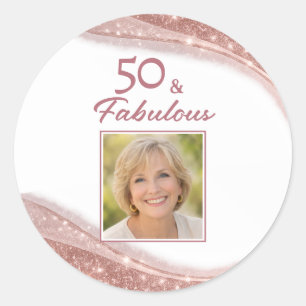 Elegante 50 & Fabulous Roze Goud Foto Verjaardag Ronde Sticker