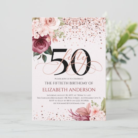 Elegante 50e bloemige verjaardagsuitnodiging kaart (Staand voorkant)