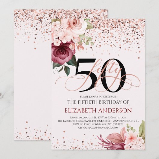 Elegante 50e bloemige verjaardagsuitnodiging kaart (Voorkant / Achterkant)