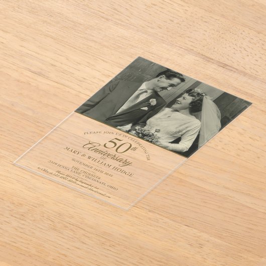 Elegante 50e Jubileum gouden trouwfoto Acryl Uitnodigingen (Laagn)