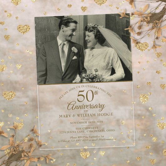Elegante 50e Jubileum gouden trouwfoto Acryl Uitnodigingen
