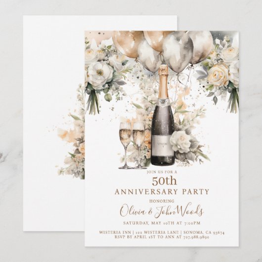 Elegante 50e Jubileum Party Champagne Balloons Kaart (Voorkant / Achterkant)