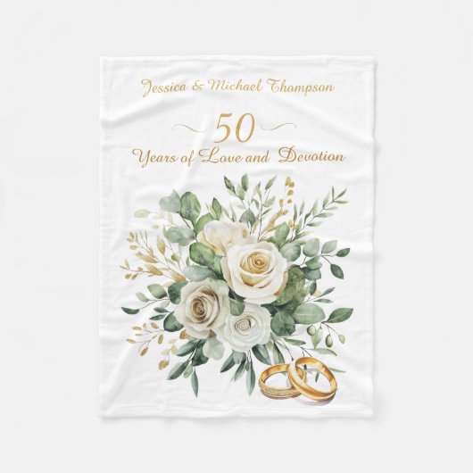Elegante 50e Jubileum witte rozen gouden ringen Fleece Deken (Voorkant)
