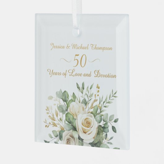 Elegante 50e Jubileum witte rozen gouden ringen Glas Ornament (Voorkant links)