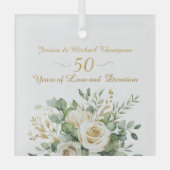 Elegante 50e Jubileum witte rozen gouden ringen Glas Ornament (Voorkant)