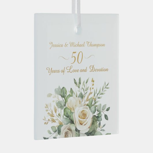 Elegante 50e Jubileum witte rozen gouden ringen Glas Ornament (Voorkant Rechts)