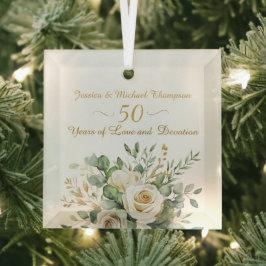 Elegante 50e Jubileum witte rozen gouden ringen Glas Ornament