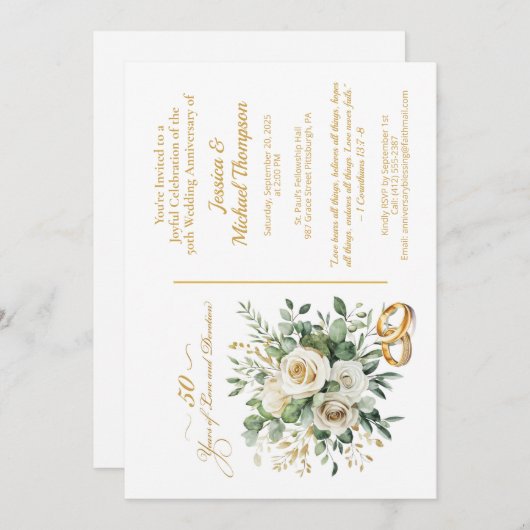 Elegante 50e Jubileum witte rozen gouden ringen Kaart (Voorkant / Achterkant)