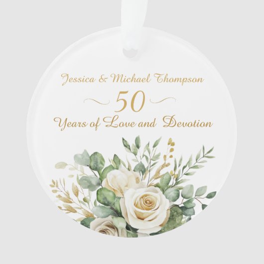 Elegante 50e Jubileum witte rozen gouden ringen Ornament (voorkant)