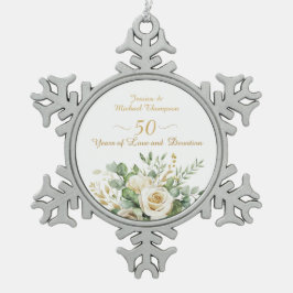 Elegante 50e Jubileum witte rozen gouden ringen Tin Sneeuwvlok Ornament