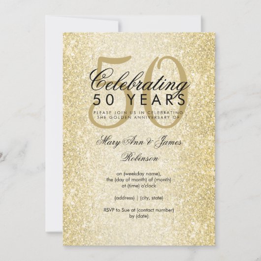 Elegante 50e trouwjubileum gouden glitter kaart (Voorkant)
