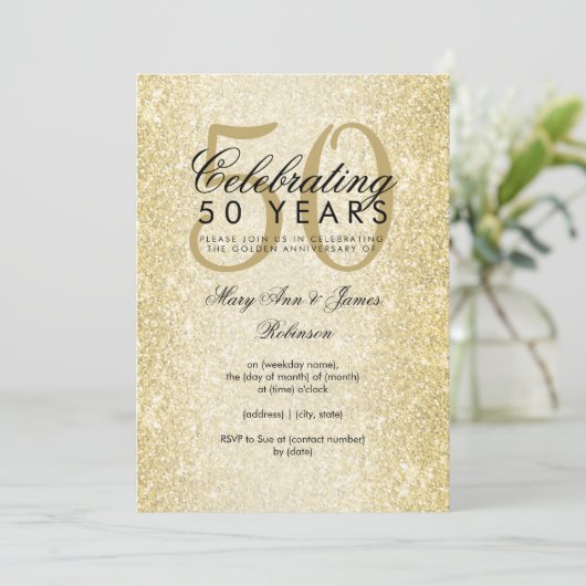 Elegante 50e trouwjubileum gouden glitter kaart (Staand voorkant)