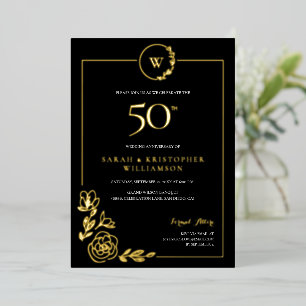 Elegante 50e trouwjubileum zwart goud folie uitnodiging