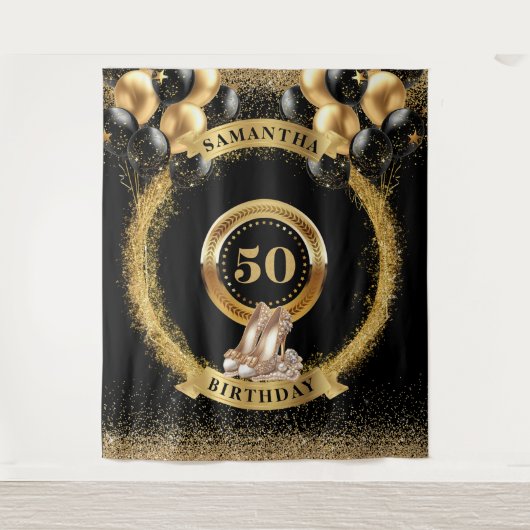 Elegante 50e verjaardag achtergrond Glitter gouden Wandkleed (Voorkant)