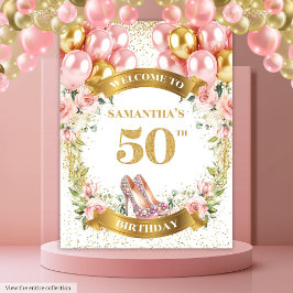 Elegante 50e verjaardag Blush Bloemen Party Achter Wandkleed