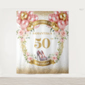 Elegante 50e verjaardag Boho Flowers Glitter Party Wandkleed (Voorkant)