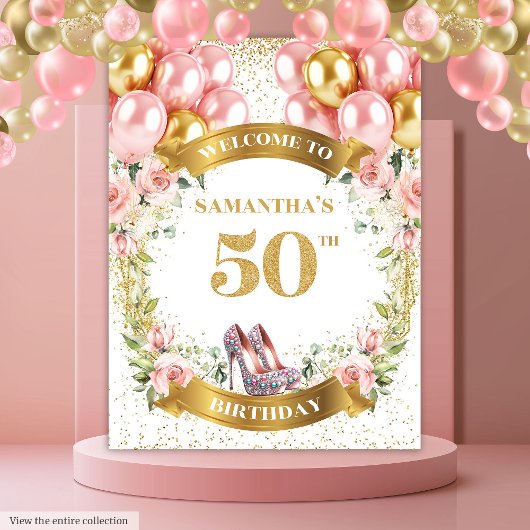 Elegante 50e verjaardag Boho Flowers Glitter Party Wandkleed