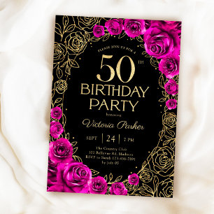 Elegante 50e verjaardag Fuchsia Roze Zwart & Goud Kaart