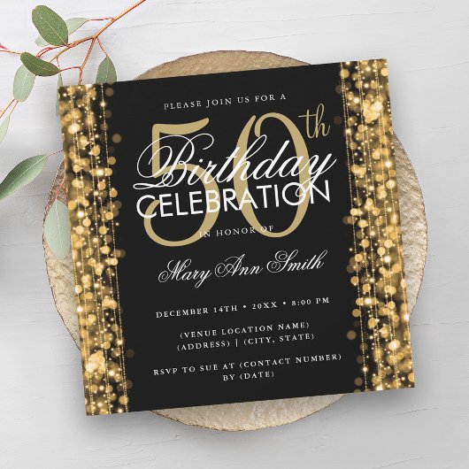 Elegante 50e verjaardag Glam Sparkles Gold & Black Kaart