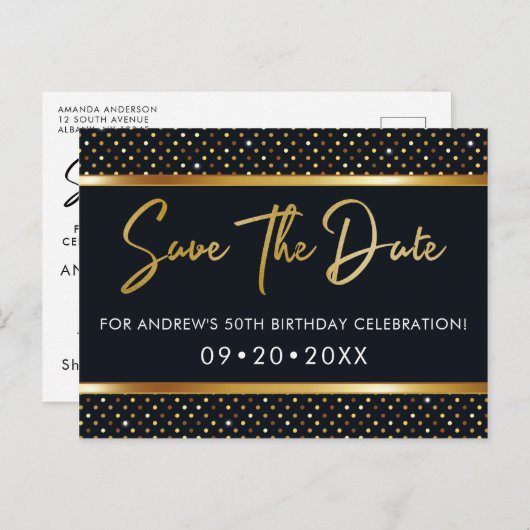 Elegante 50e verjaardag goud en zwart Save The Dat Briefkaart (Voorkant / Achterkant)