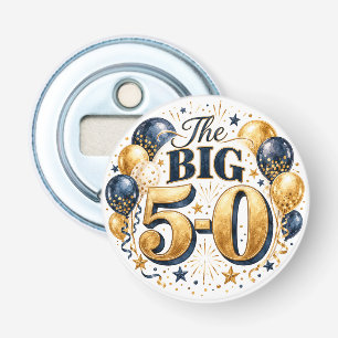Elegante 50e verjaardag gouden en marine flesopene button flesopener