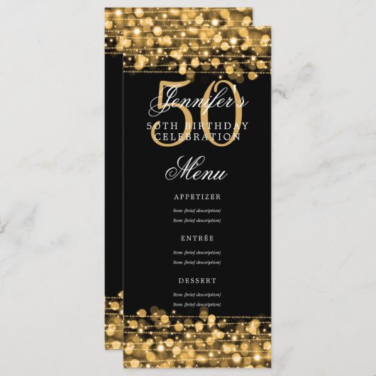 Elegante 50e verjaardag menu Gold Lights Kaart (Voorkant / Achterkant)