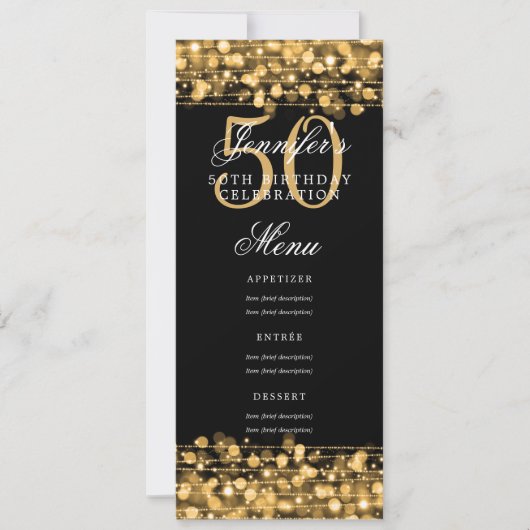 Elegante 50e verjaardag menu Gold Lights Kaart (Voorkant)