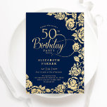 Elegante 50e verjaardag Navy gouden Rozen Kaart<br><div class="desc">Navy gouden bloemen 50e verjaardag uitnodiging. Elegant ontwerp met rozen,  faux gouden folie en typografisch lettertype. Trendy uitnodigingskaart ideaal voor een stijlvol vrouw bday-feest. Kan worden aangepast aan elke leeftijd. Personaliseer met uw eigen gegevens. Gedrukte Zazzle-uitnodigingen of direct downloadbare digitale afdrukbare sjabloon.</div>